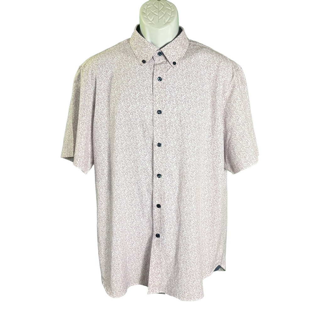 Michael Strahan Button Down Shirt Mens L White Maroon Floral Modern Fit Stretch